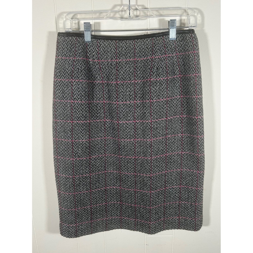 Talbots Wool Blend Tweed Pencil Skirt Black White Pink Windowpane Trim Size 8